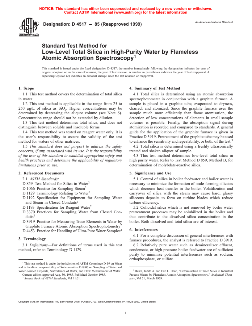 ASTM D4517-85(1999) - Standard Test Method for Low-Level Total Silica in High-Purity Water by Flameless Atomic Absorption Spectroscopy