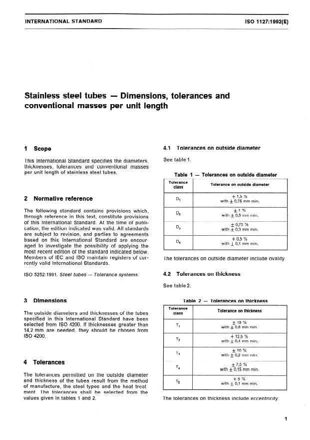 ISO 1127:1992 - Stainless steel tubes -- Dimensions, tolerances and conventional masses per unit length