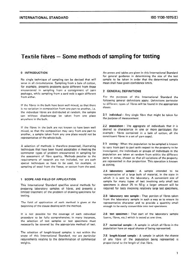 ISO 1130:1975 - Textile fibres -- Some methods of sampling for testing