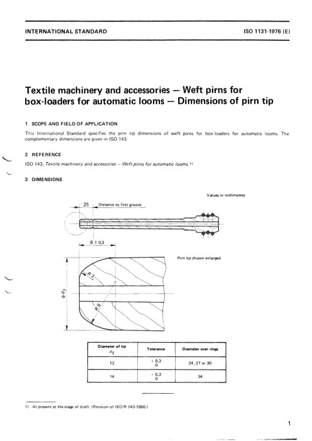 ISO 1131:1976 - Textile machinery and accessories -- Weft pirns for box-loaders for automatic looms -- Dimensions of pirn tip