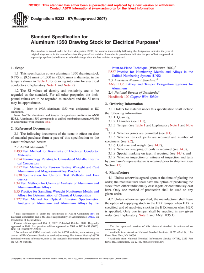 ASTM B233-97(2007) - Standard Specification for Aluminum 1350 Drawing Stock for Electrical Purposes