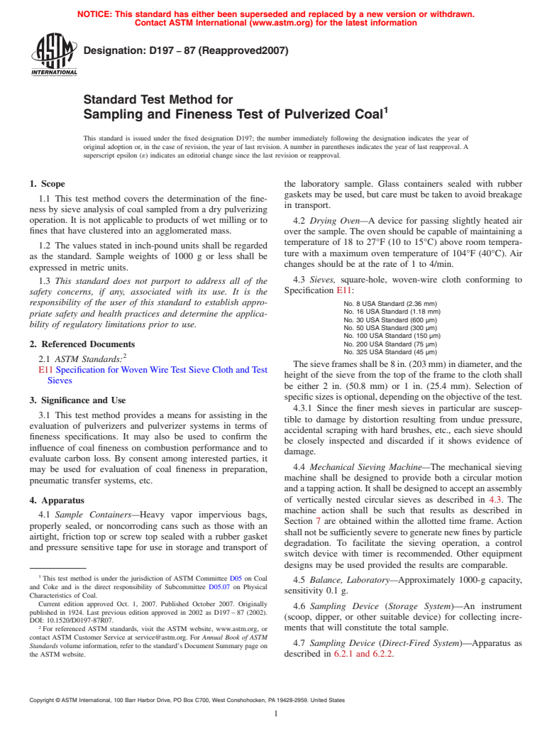 ASTM D197-87(2007) - Standard Test Method for Sampling and Fineness Test of Pulverized Coal