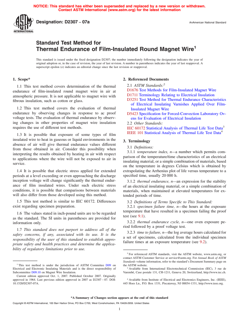 ASTM D2307-07a - Standard Test Method for Thermal Endurance of Film-Insulated Round Magnet Wire