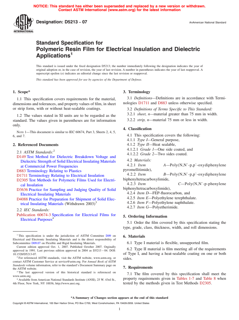 ASTM D5213-07 - Standard Specification for Polymeric Resin Film for Electrical Insulation and Dielectric Applications