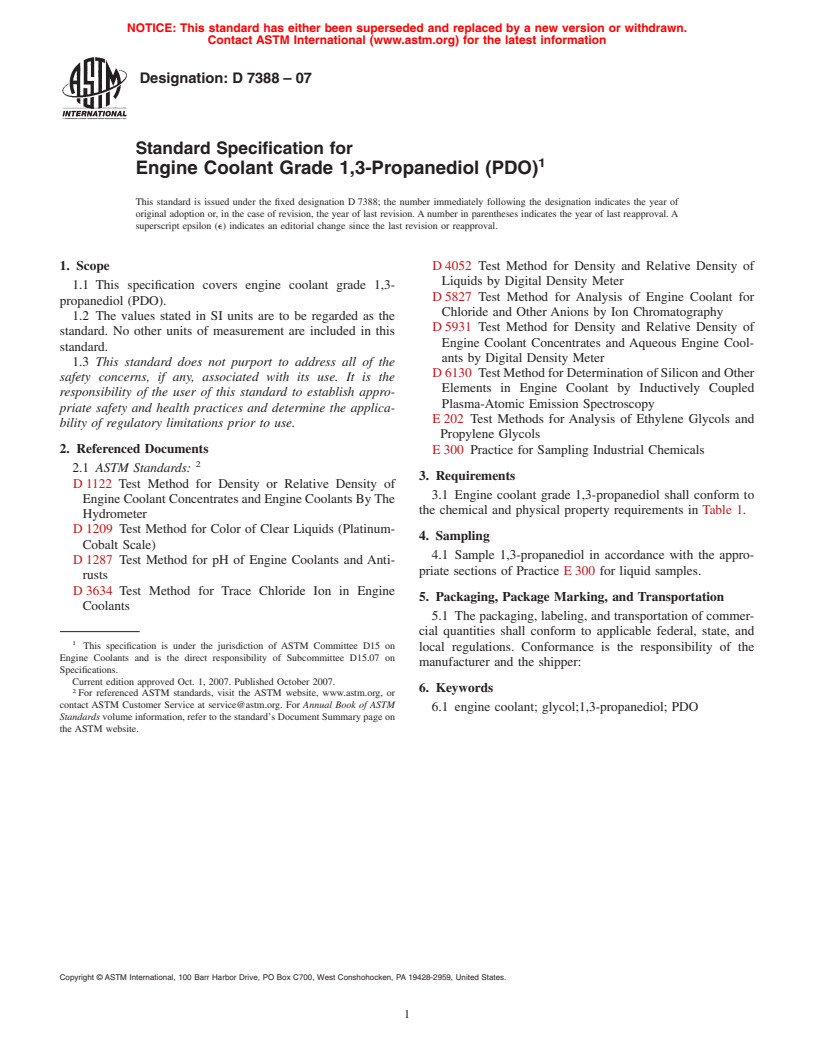 ASTM D7388-07 - Standard Specification for Engine Coolant Grade 1,3-Propanediol (PDO)