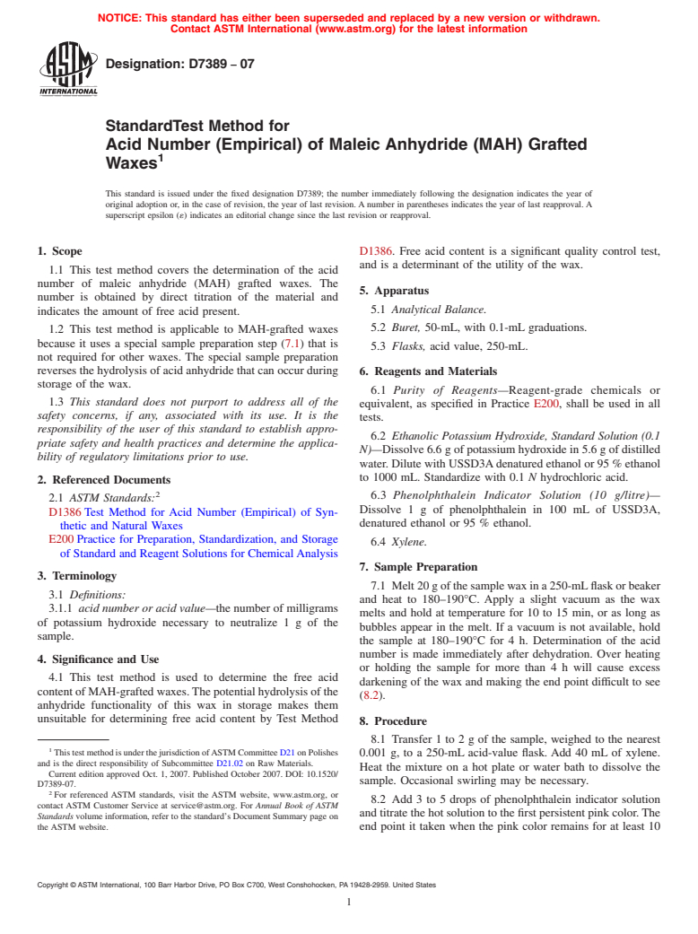 ASTM D7389-07 - Standard Test Method for Acid Number (Empirical) of Maleic Anhydride (MAH) Grafted Waxes