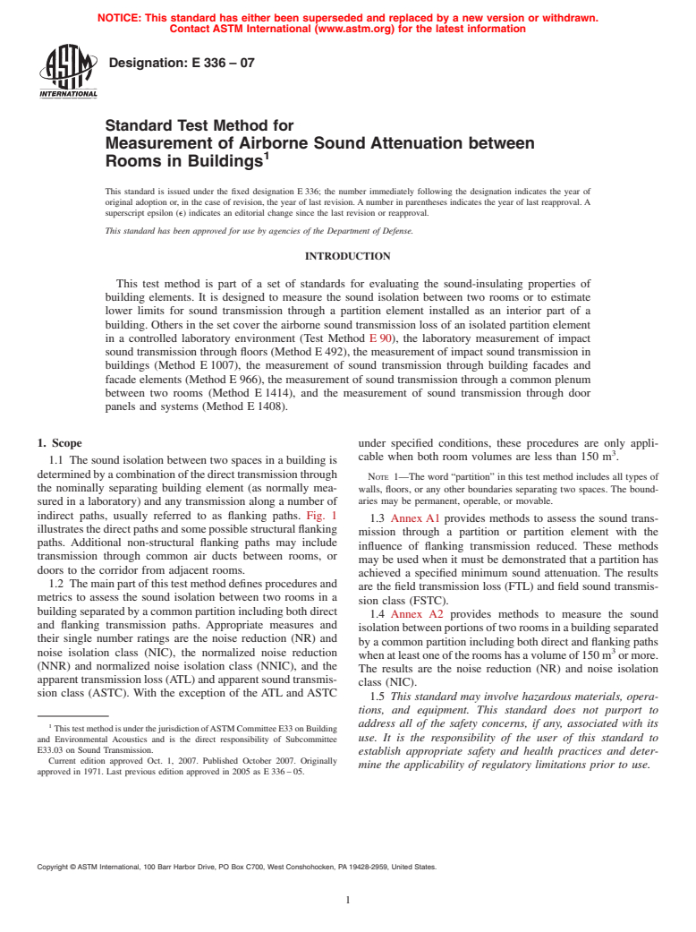 ASTM E336-07 - Standard Test Method for Measurement of Airborne Sound Attenuation between Rooms in Buildings