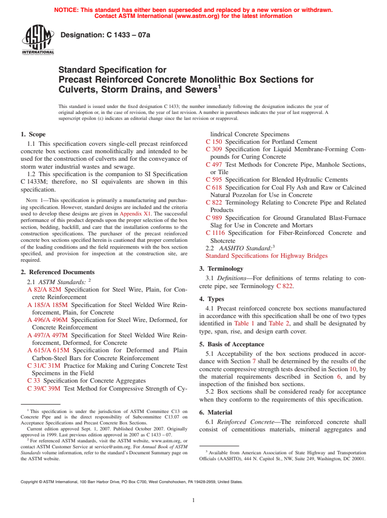 ASTM C1433-07a - Standard Specification for Precast Reinforced Concrete Monolithic Box Sections for Culverts, Storm Drains, and Sewers