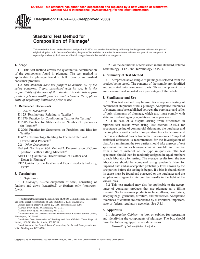 ASTM D4524-86(2000) - Standard Test Method for Composition of Plumage