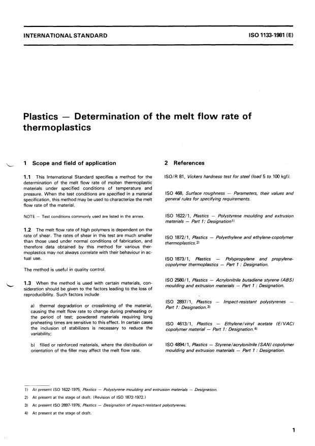 ISO 1133:1981 - Plastics -- Determination of the melt flow rate of thermoplastics