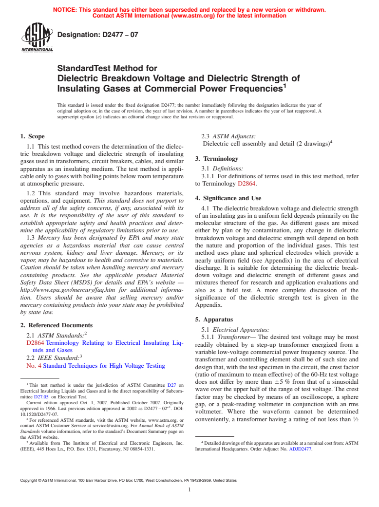 ASTM D2477-07 - Standard Test Method for Dielectric Breakdown Voltage and Dielectric Strength of Insulating Gases at Commercial Power Frequencies