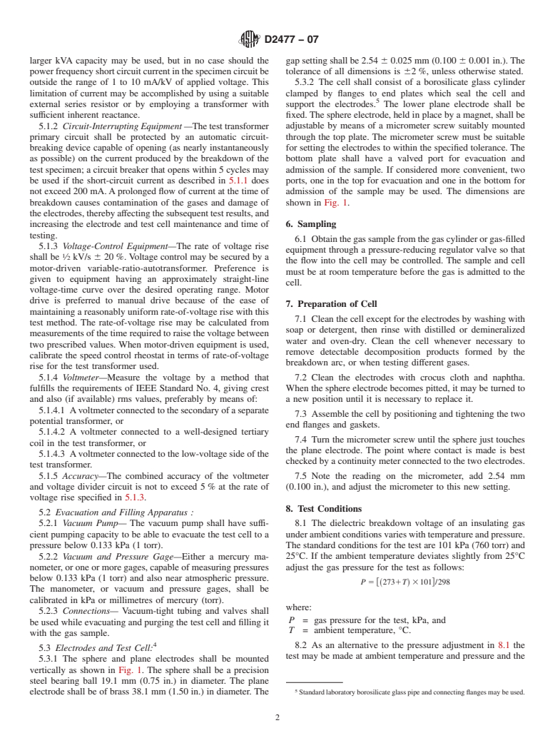 ASTM D2477-07 - Standard Test Method for Dielectric Breakdown Voltage and Dielectric Strength of Insulating Gases at Commercial Power Frequencies