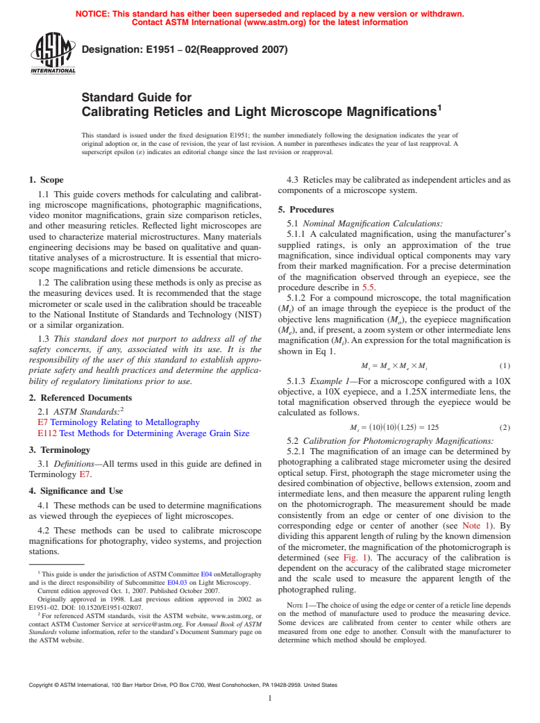 ASTM E1951-02(2007) - Standard Guide for Calibrating Reticles and Light Microscope Magnifications