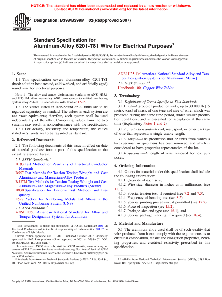 ASTM B398/B398M-02(2007) - Standard Specification for Aluminum-Alloy 6201-T81 Wire for Electrical Purposes