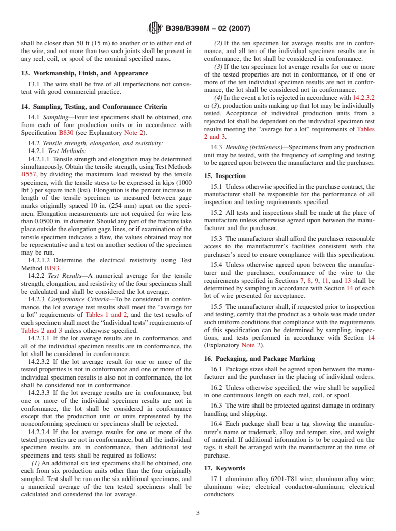 ASTM B398/B398M-02(2007) - Standard Specification for Aluminum-Alloy 6201-T81 Wire for Electrical Purposes