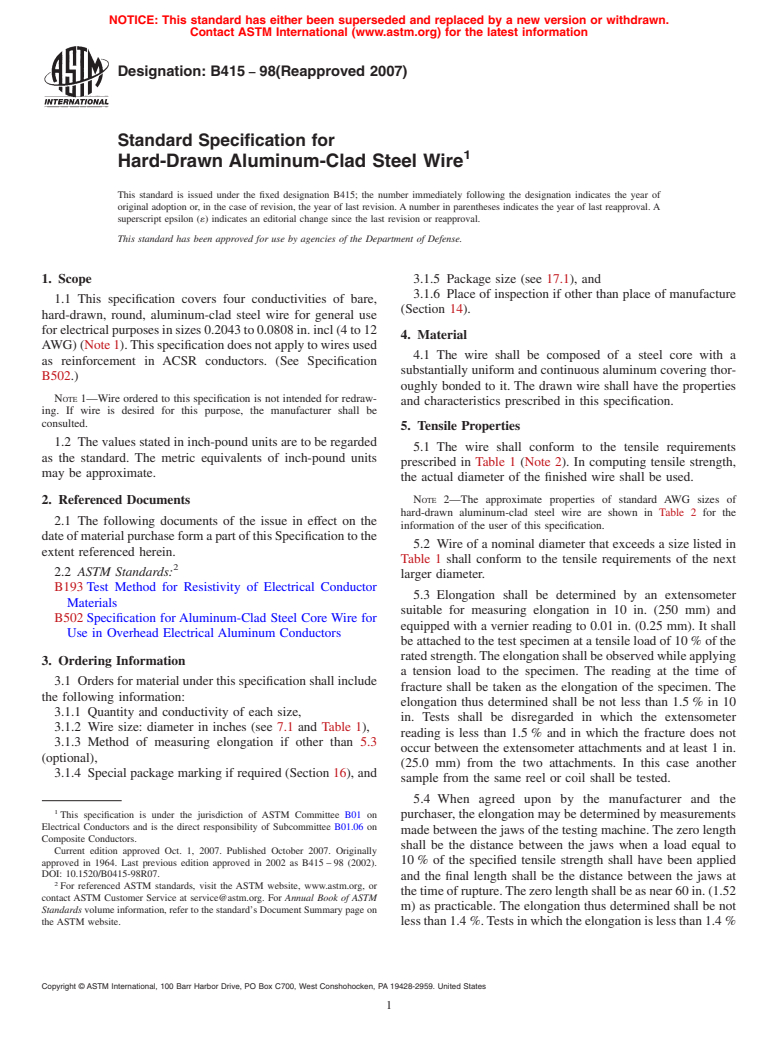 ASTM B415-98(2007) - Standard Specification for Hard-Drawn Aluminum-Clad Steel Wire