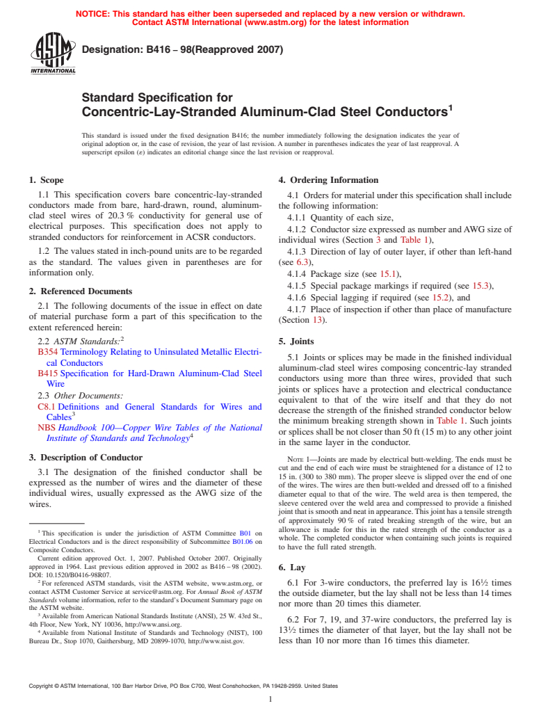 ASTM B416-98(2007) - Standard Specification for Concentric-Lay-Stranded Aluminum-Clad Steel Conductors