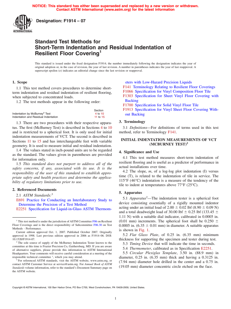 ASTM F1914-07 - Standard Test Methods for Short-Term Indentation and Residual Indentation of Resilient Floor Covering