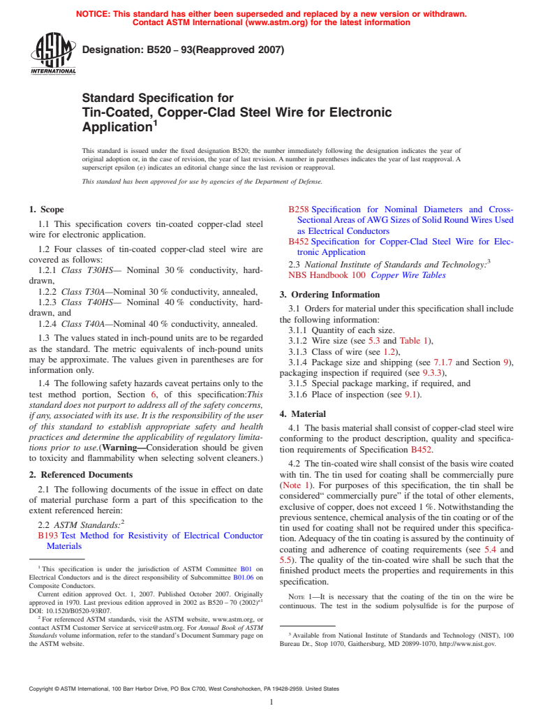 ASTM B520-93(2007) - Standard Specification for Tin-Coated, Copper-Clad Steel Wire for Electronic Application