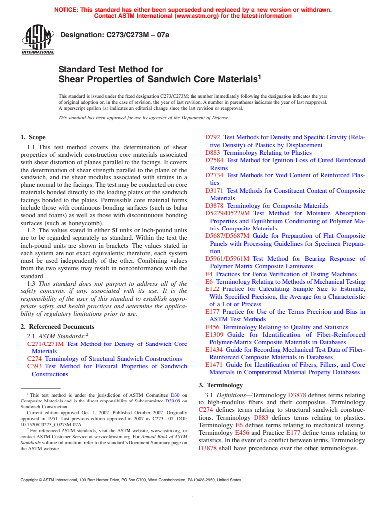 ASTM C273/C273M-07a - Standard Test Method for Shear Properties of Sandwich Core Materials