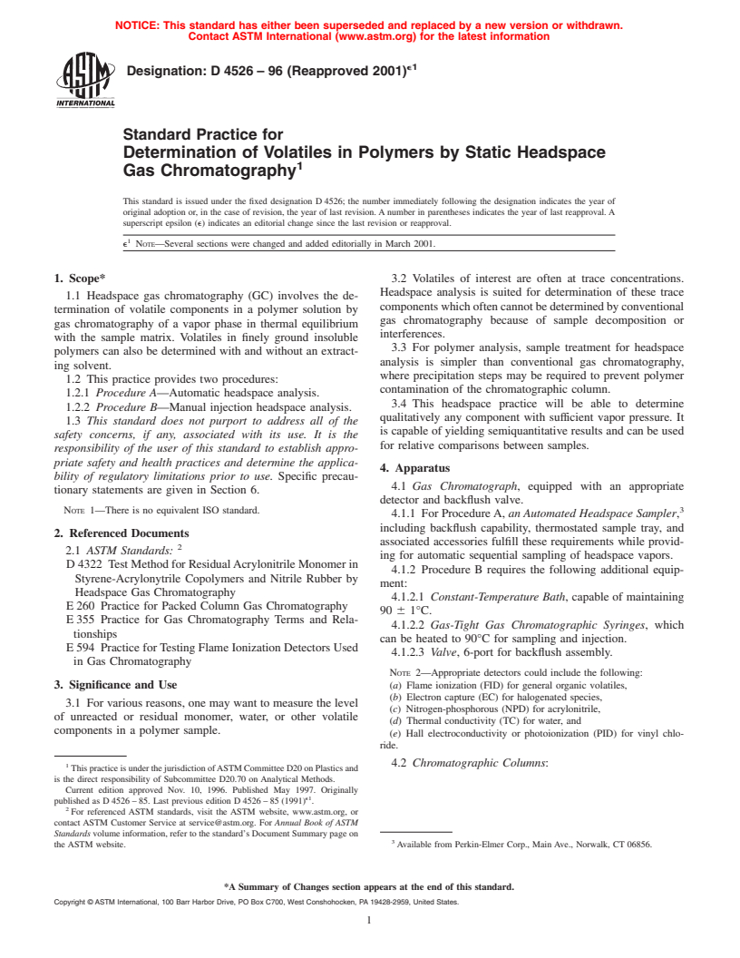 ASTM D4526-96(2001)e1 - Standard Practice for Determination of Volatiles in Polymers by Static Headspace Gas Chromatography