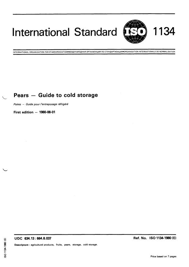 ISO 1134:1980 - Pears -- Guide to cold storage