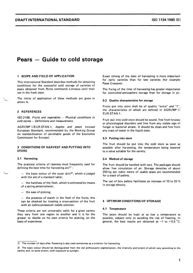 ISO 1134:1980 - Pears -- Guide to cold storage