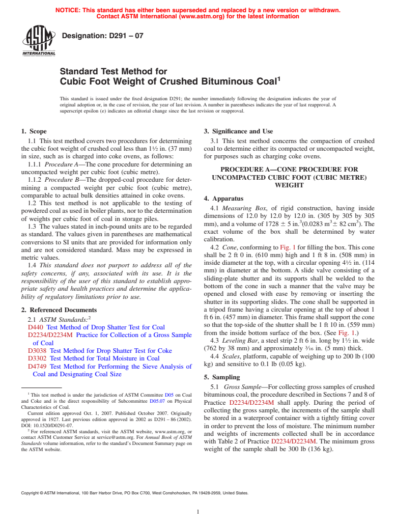 ASTM D291-07 - Standard Test Method for Cubic Foot Weight of Crushed Bituminous Coal