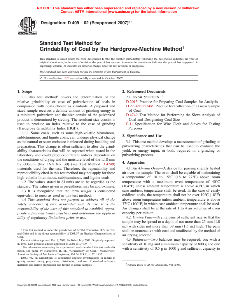 ASTM D409-02(2007)e1 - Standard Test Method for Grindability of Coal by the Hardgrove-Machine Method