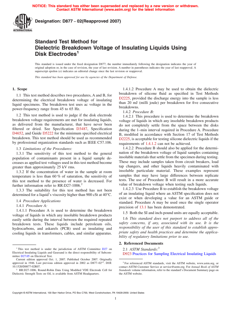 ASTM D877-02(2007) - Standard Test Method for Dielectric Breakdown Voltage of Insulating Liquids Using Disk Electrodes