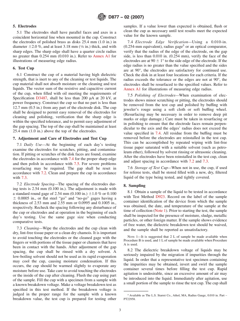 ASTM D877-02(2007) - Standard Test Method for Dielectric Breakdown Voltage of Insulating Liquids Using Disk Electrodes