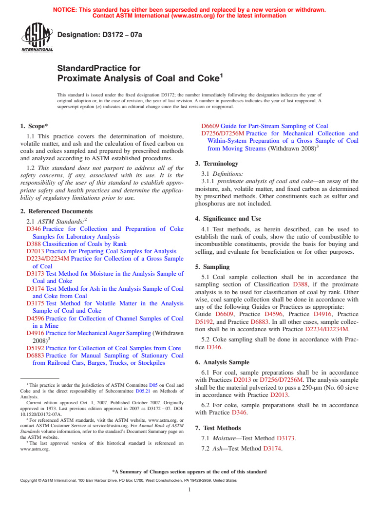 ASTM D3172-07a - Standard Practice for Proximate Analysis of Coal and Coke