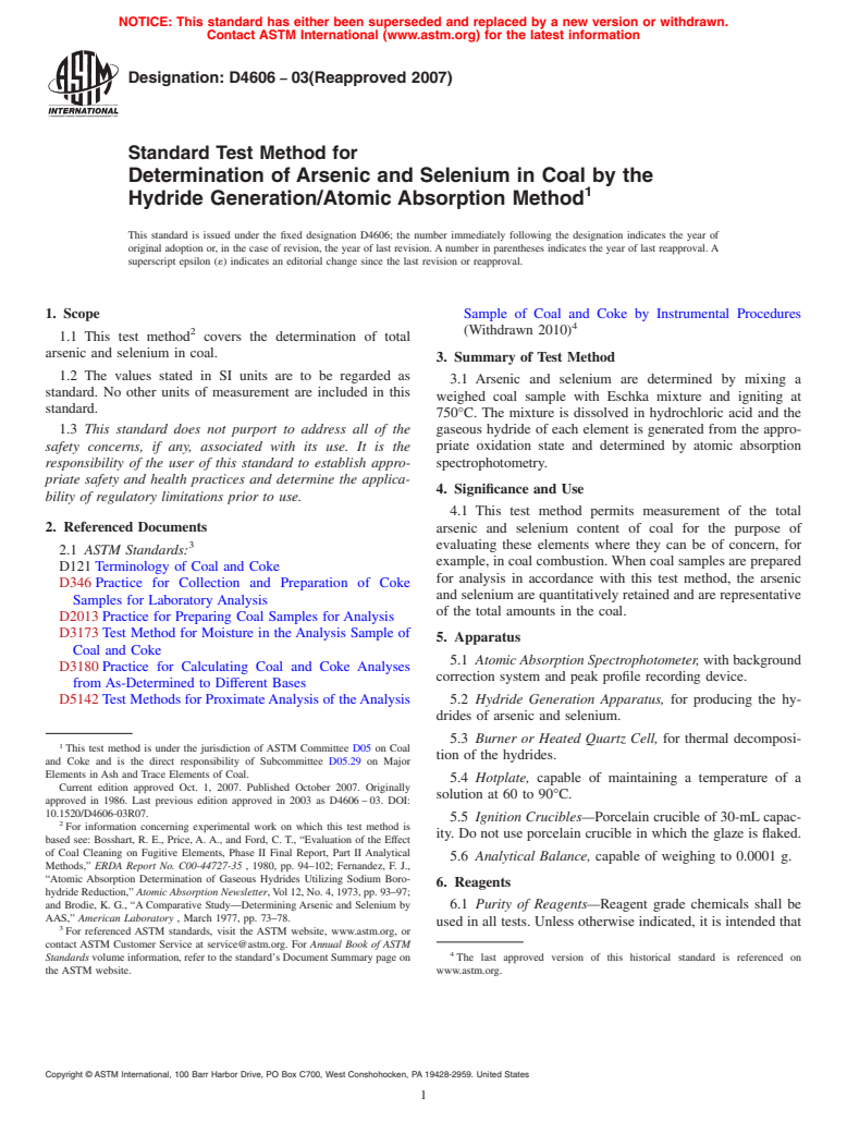 ASTM D4606-03(2007) - Standard Test Method for Determination of Arsenic and Selenium in Coal by the Hydride Generation/Atomic Absorption Method