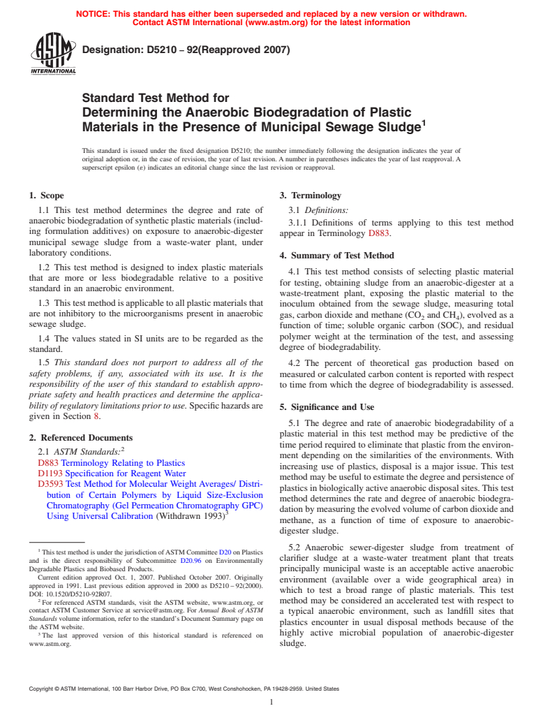 ASTM D5210-92(2007) - Standard Test Method for Determining the Anaerobic Biodegradation of Plastic Materials in the Presence of Municipal Sewage Sludge (Withdrawn 2016)