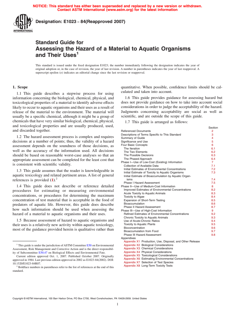 ASTM E1023-84(2007) - Standard Guide for Assessing the Hazard of a Material to Aquatic Organisms and Their Uses