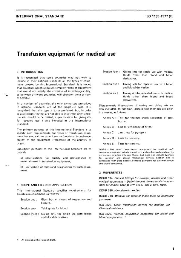 ISO 1135:1977 - Transfusion equipment for medical use