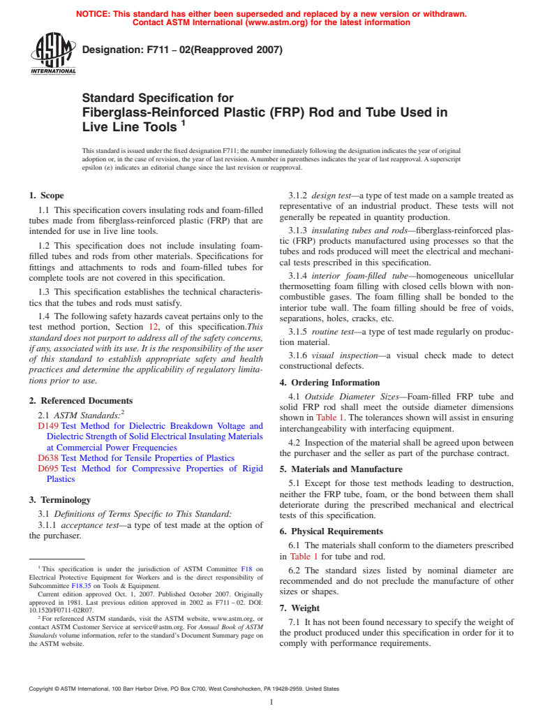 ASTM F711-02(2007) - Standard Specification for Fiberglass-Reinforced Plastic (FRP) Rod and Tube Used in Live Line Tools