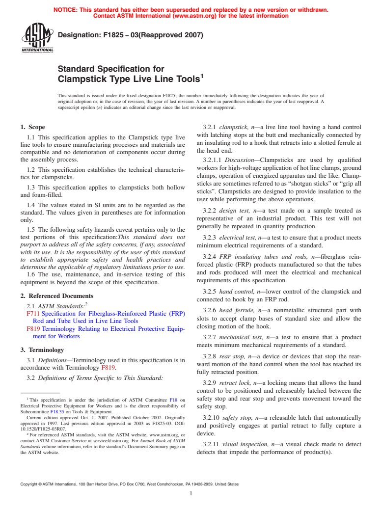 ASTM F1825-03(2007) - Standard Specification for Clampstick Type Live Line Tools