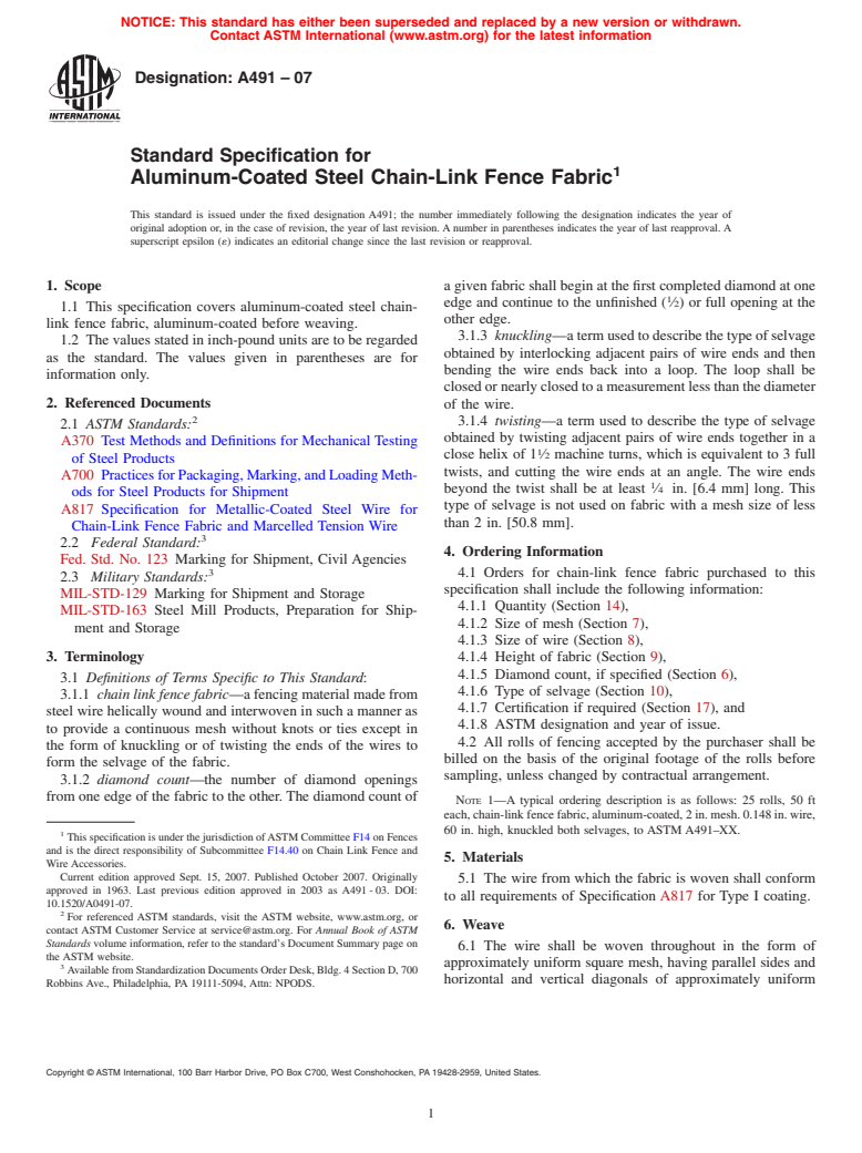 ASTM A491-07 - Standard Specification for Aluminum-Coated Steel Chain-Link Fence Fabric