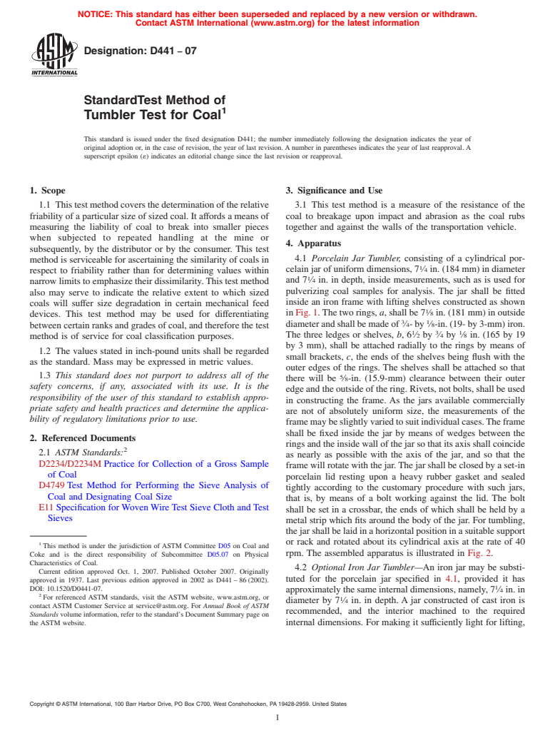 ASTM D441-07 - Standard Test Method of Tumbler Test for Coal