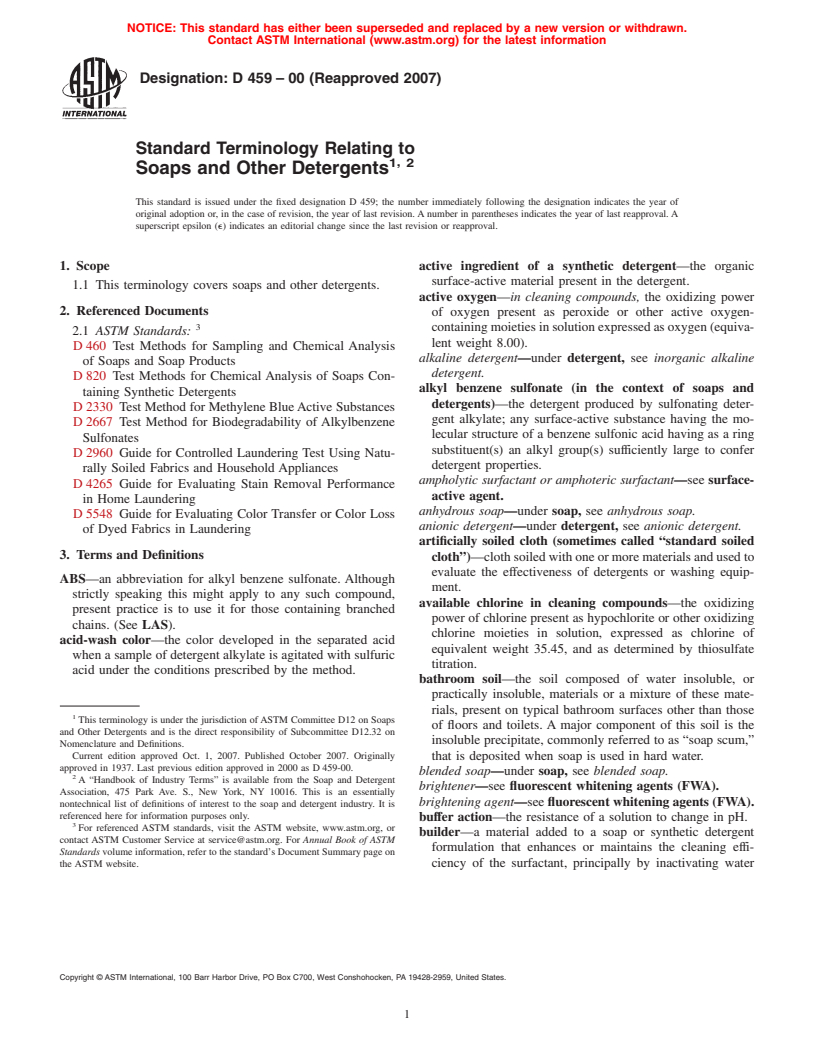 ASTM D459-00(2007) - Standard Terminology Relating to Soaps and Other Detergents