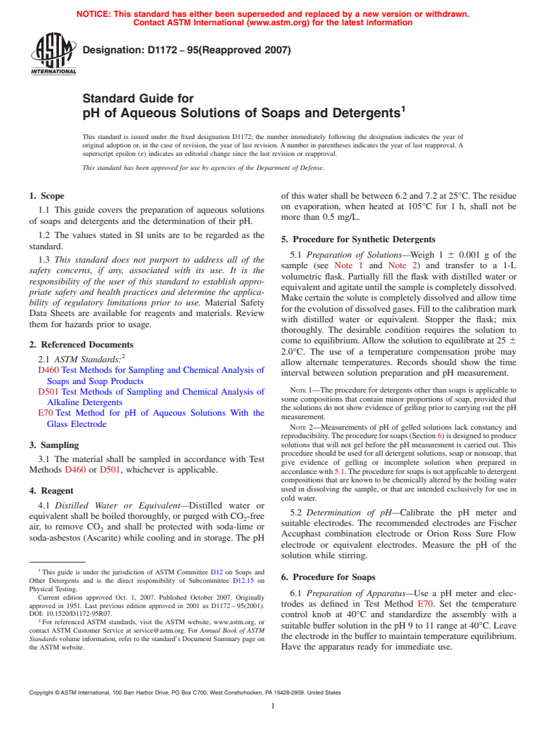 ASTM D1172-95(2007) - Standard Guide for pH of Aqueous Solutions of Soaps and Detergents