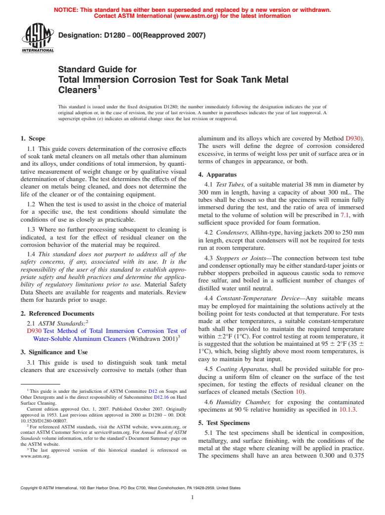 ASTM D1280-00(2007) - Standard Guide for Total Immersion Corrosion Test for Soak Tank Metal Cleaners