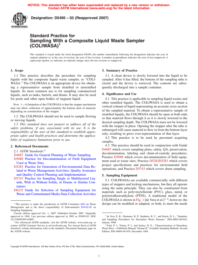 ASTM D5495-03(2007) - Standard Practice for Sampling With a Composite Liquid Waste Sampler (COLIWASA)