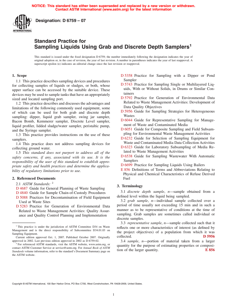 ASTM D6759-07 - Standard Practice for Sampling Liquids Using Grab and Discrete Depth Samplers