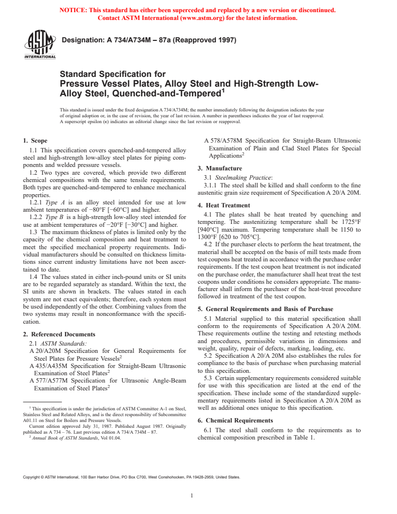 ASTM A734/A734M-87a(1997) - Standard Specification for Pressure Vessel Plates, Alloy Steel and High-Strength Low-Alloy Steel, Quenched-and-Tempered