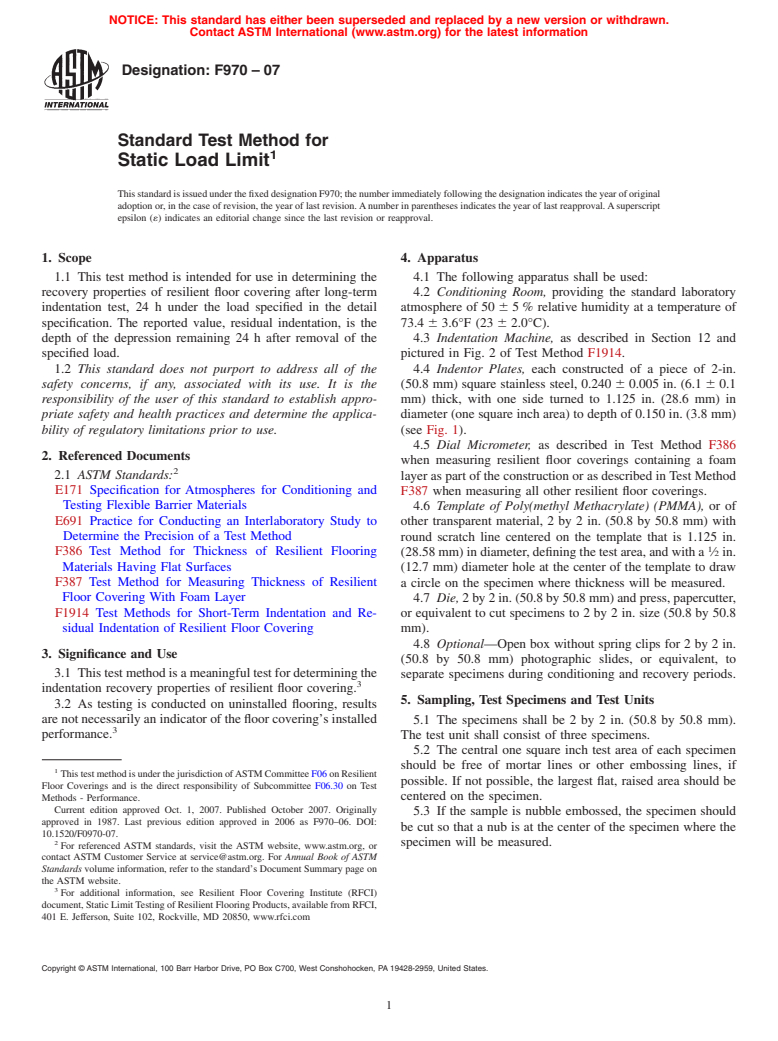 ASTM F970-07 - Standard Test Method for Static Load Limit