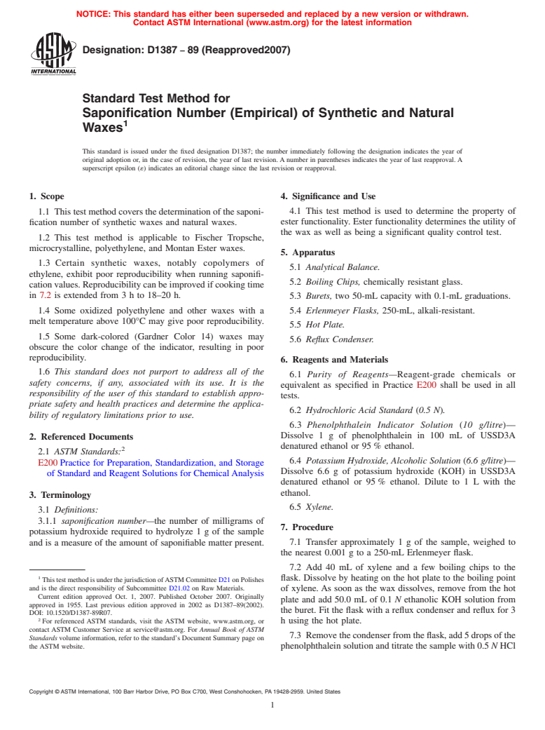 ASTM D1387-89(2007) - Standard Test Method for Saponification Number (Empirical) of Synthetic and Natural Waxes