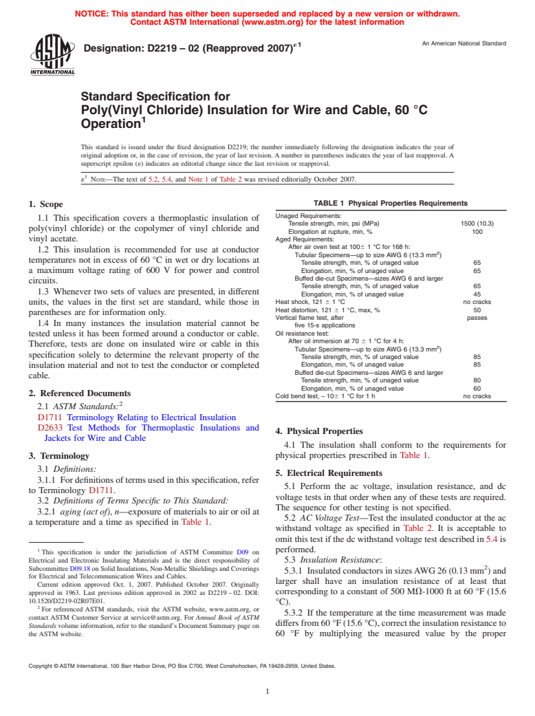 ASTM D2219-02(2007)e1 - Standard Specification for Poly(Vinyl Chloride) Insulation for Wire and Cable, 60 &#176;C Operation