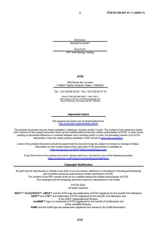 SIST EG 203 647 V1.1.1:2021 ETSI EG 203 647 V1.1.1 (2020-11) - Methods for Testing and Specification (MTS); Methodology for RESTful APIs specifications and testing - Page 2 preview